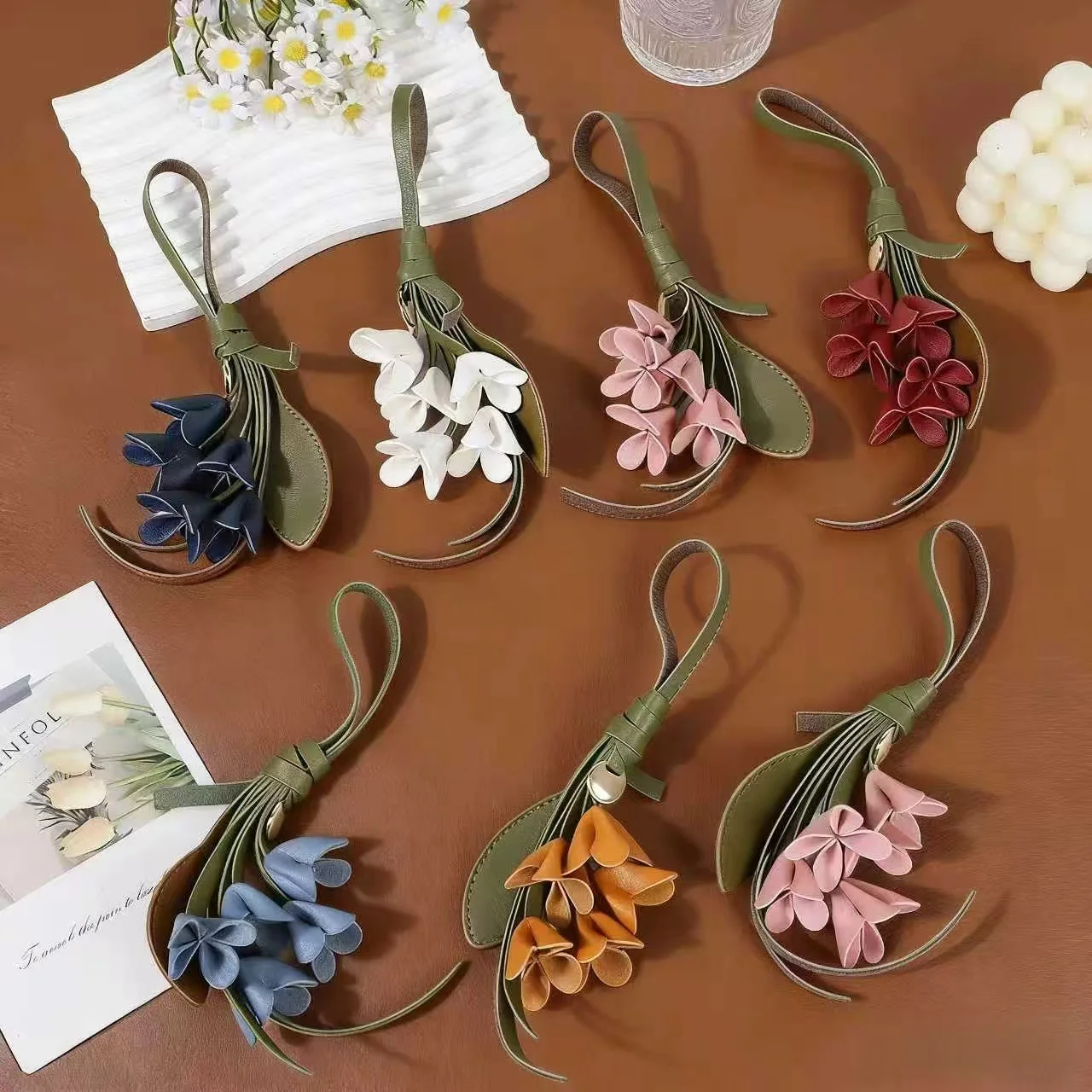 New PU Leather Simulation Flower Bag Hanging Keychain Car Drape Exquisite Jewelry Personalized Pendant