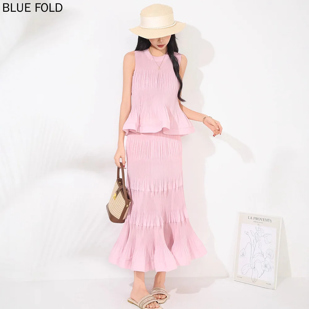 

MIYAKE женский летний комплект из двух предметов, новый дизайн, плиссированная майка без рукавов с зубочисткой, топ, юбка с высокой талией, костюм