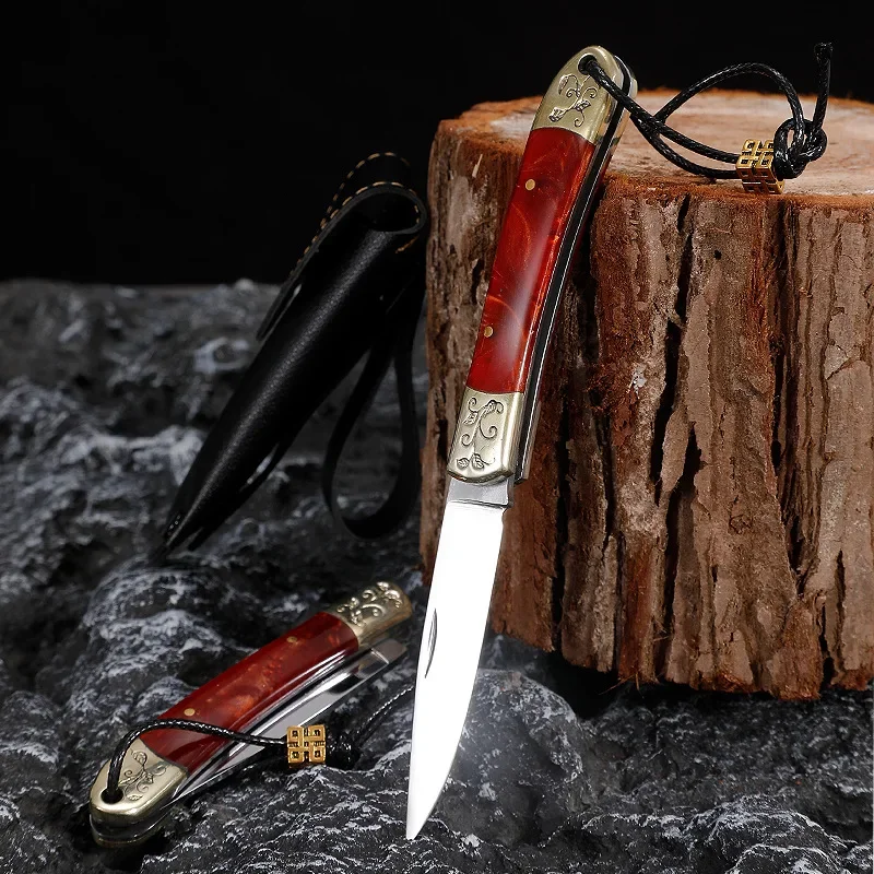 

Brass + Resin Handle Camping Portable Pocket Knife Folding 5CR15 Steel Blade Survival Knife For Self Defense With Leather Bag