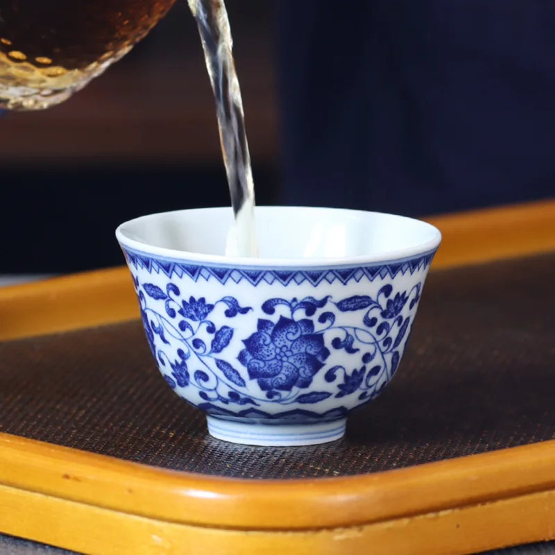 

High Quality Hand Painted Blue and White Point Work Interlock Branch Cup Household Single Retro Tea Set