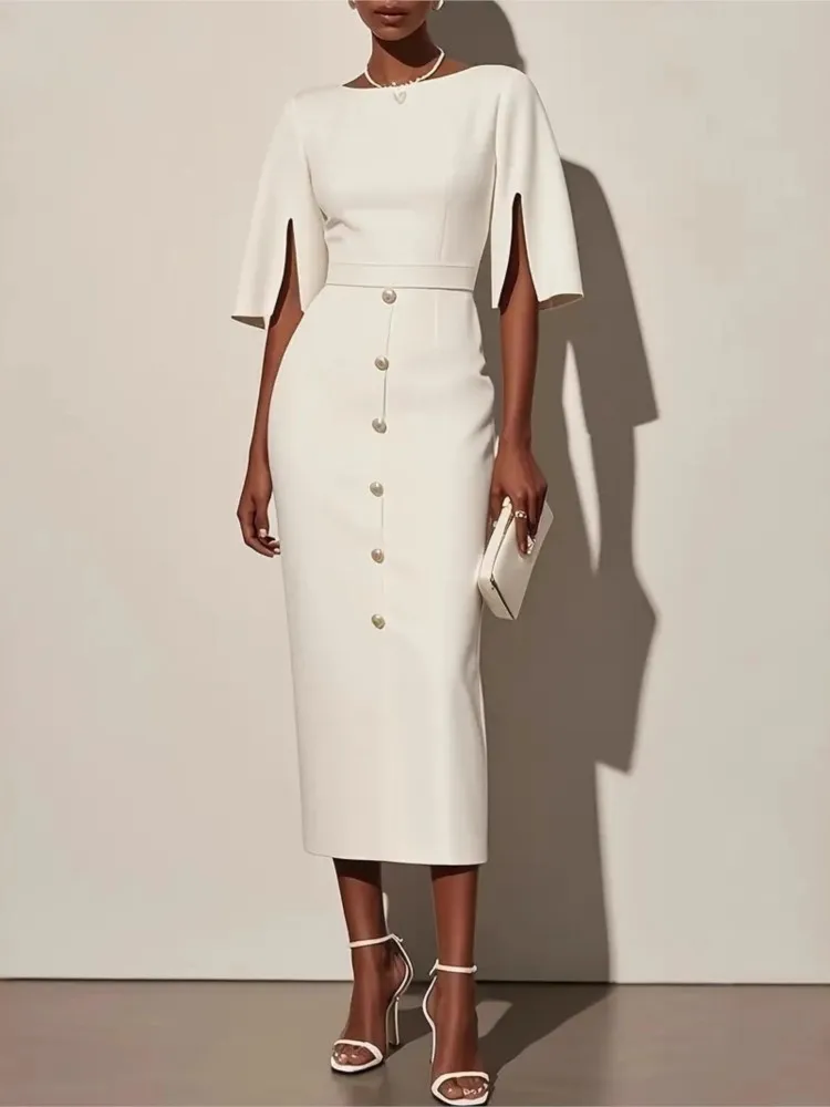 

Summer Simple Solid Color Round Neck Waist Split Button Decorative Dress Women's Elegant Style Short-sleeved Slim Dresses