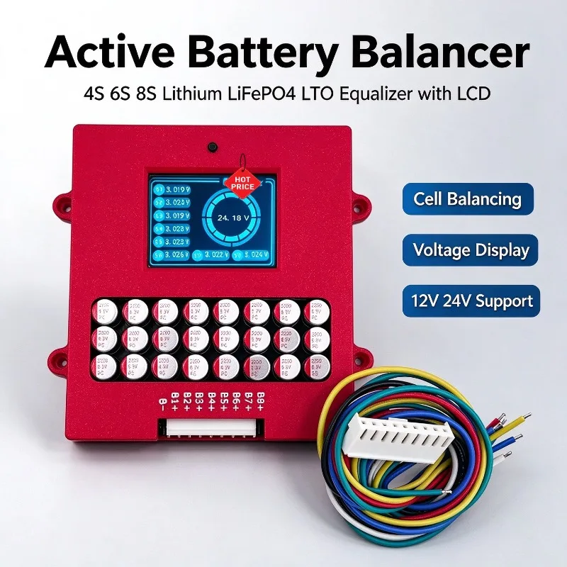 Active Balancer 4S 6S 8S Lithium/Lifepo4 Battery Equalizer Board LTO Cells Capacitor Balancer with LCD Display 12V 24V
