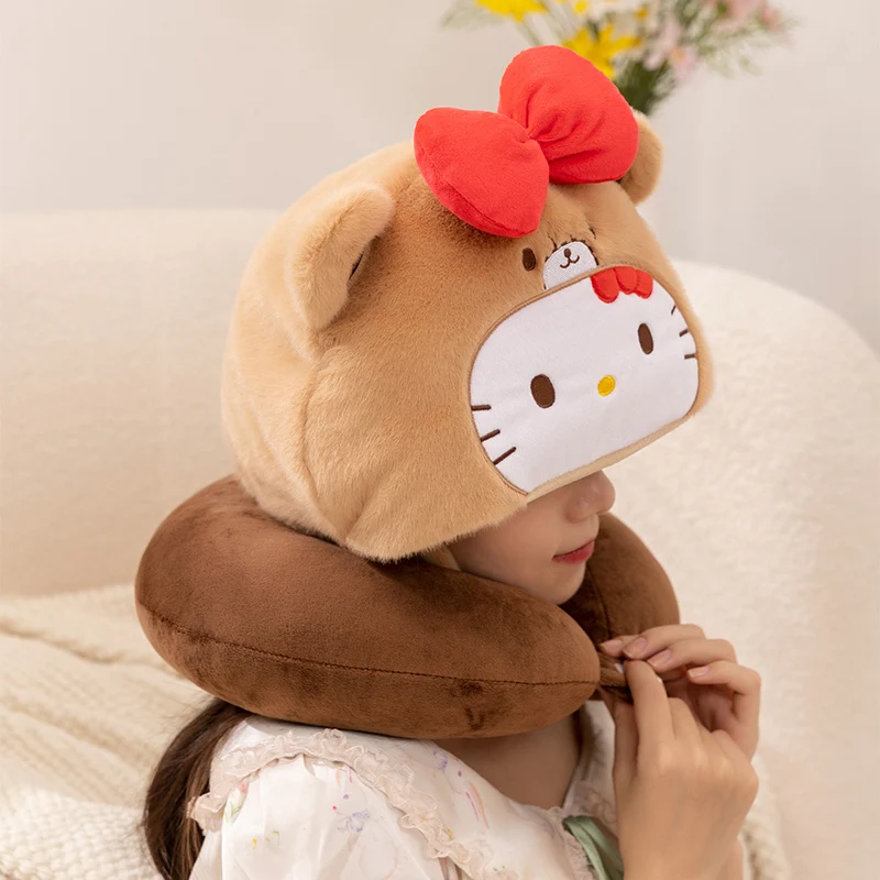 Poduszka w kształcie litery U z kreskówką, urocza pluszowa lalka kotek, miękka poduszka pod szyję na sofę, łóżko, poduszka podróżna do samochodu, samolotu, poduszka na lunch dla studenta.