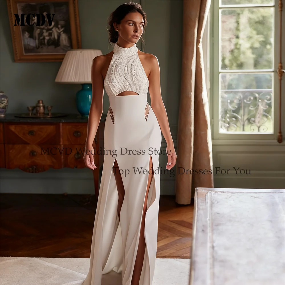 

MCDV Sexy Halter High Slit Satin Long Wedding Dresses Sparkly Beaded Mermaid Bridal Gown Customized vestidos de novia 2026