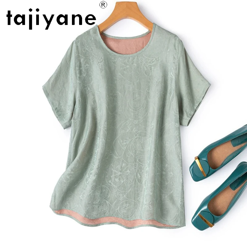 TAJIYANE 100% Mulberry Silk Women T Shirts Reversible Jacquard Summer Tops O-Neck Loose Casual T Shirt Woman Clothing 2026 ropa