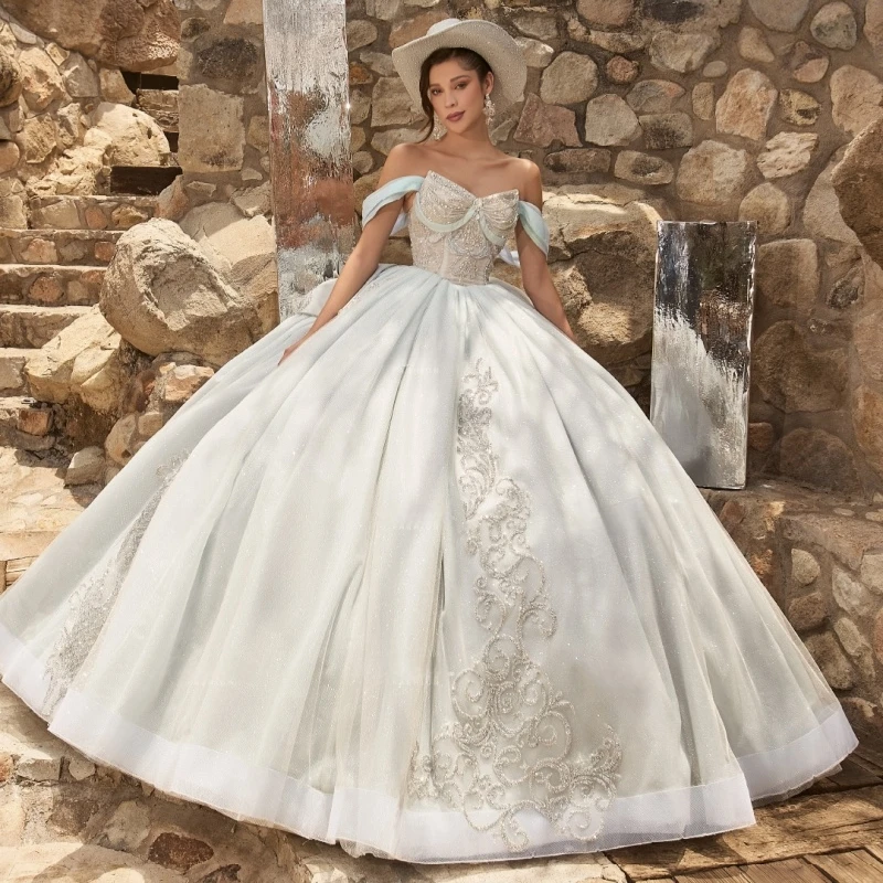 

Light Green Quinceanera Dresses Off The Shoulder Applique Lace Beading Bow Tull Ball Gown Vestidos De 15 Anos Sweet 16 Dress