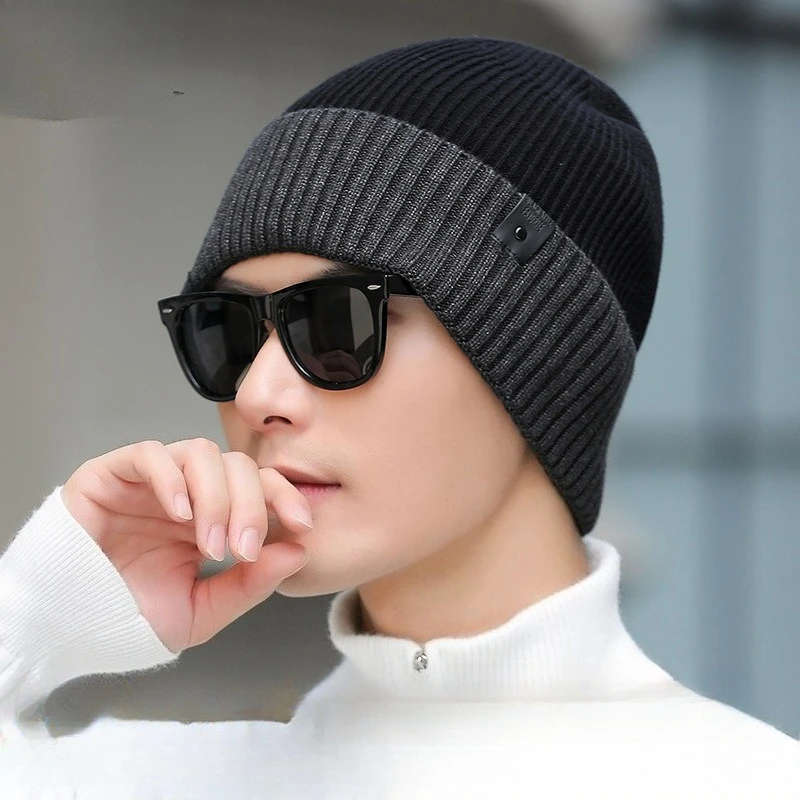 Korean Color Matching Knitted Hat Men's Winter New Velvet Thickened Elastic Pullover Hat Big Head Circumference Wool Hat Tide