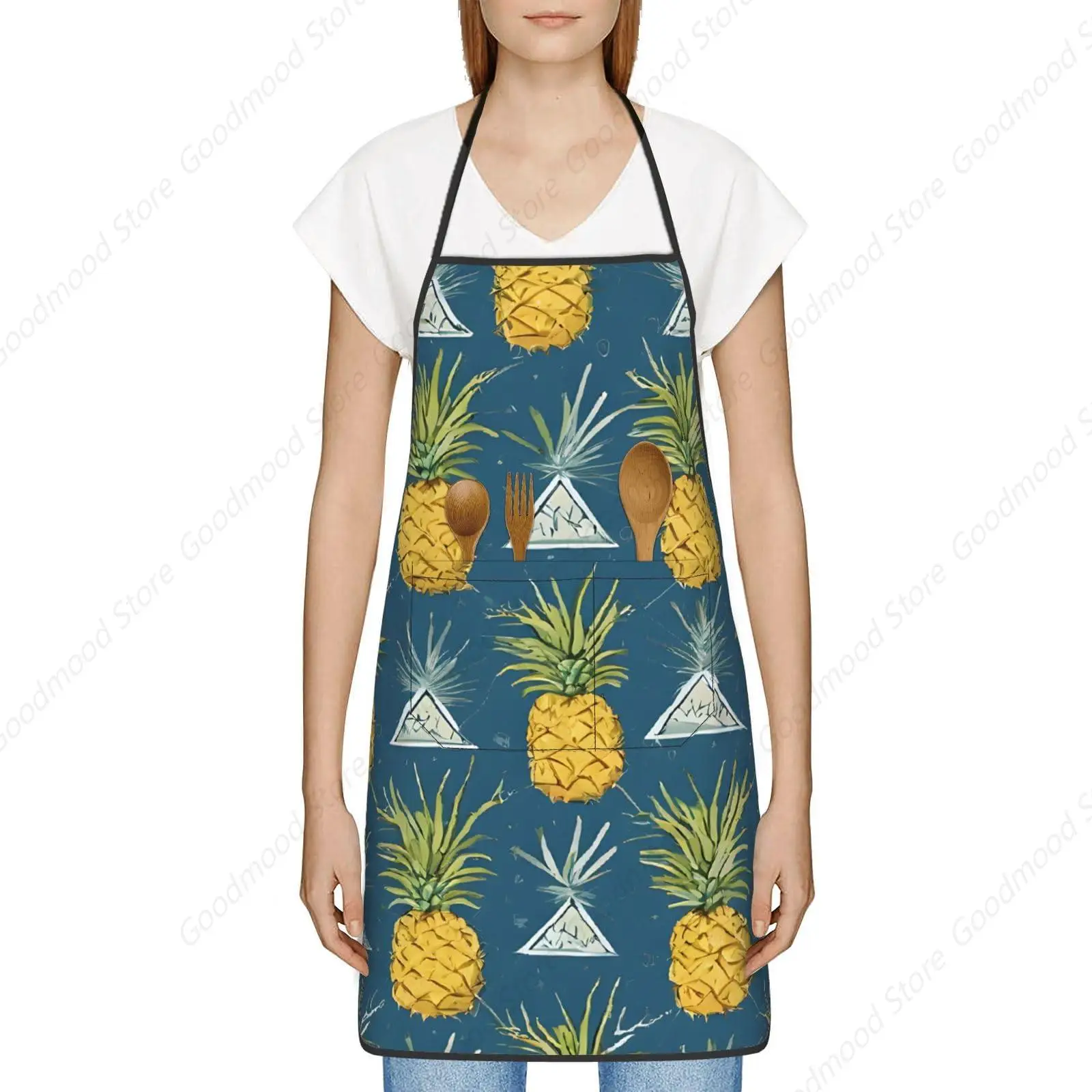 (Gold Pineapple Background) Apron With Pockets, Kitchen Cooking, Barbecue, Artisan Men And Women'S Versatile Apron