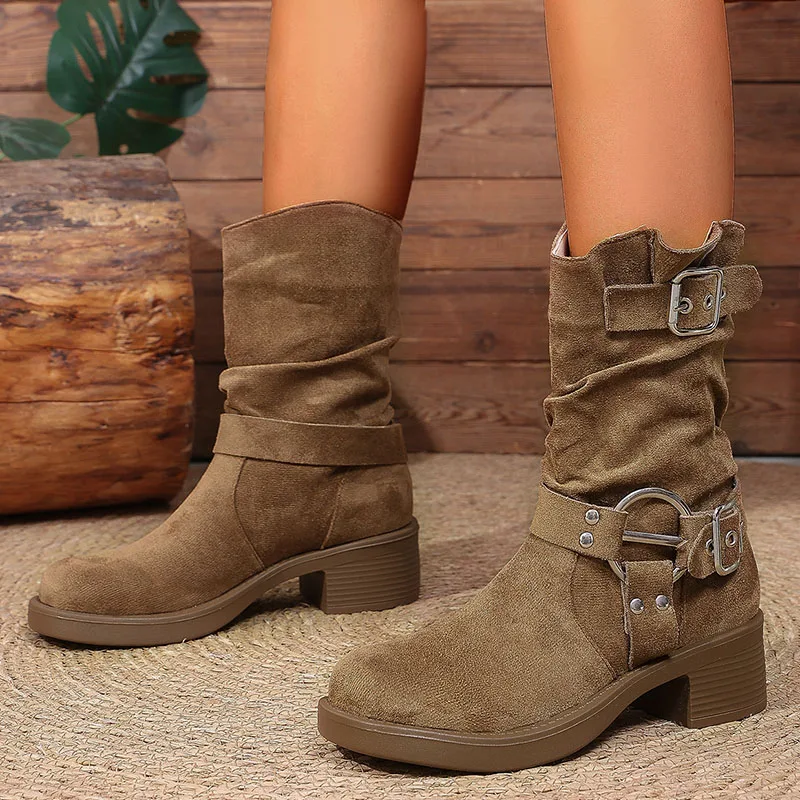 

Khaki Faux Suede Slouchy Boots Women 2026 Autumn Buckle Strap Chunky Heel Ankle Boots Woman Plus Size 42 Biker Short Botas