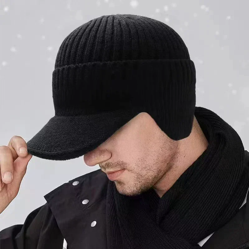 Men Women Winter Warm Knitted Beanie Ear Flap Fleece Lined Short Brim Cap Outdoor Ski Cycling Weather Earmuff Hat