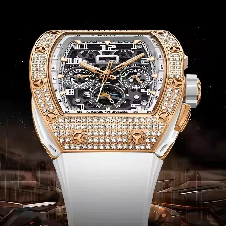 Full Inlay Diamond Automatic High Quality Steel Moon Watches Men Sapphire Rubber Tonneau