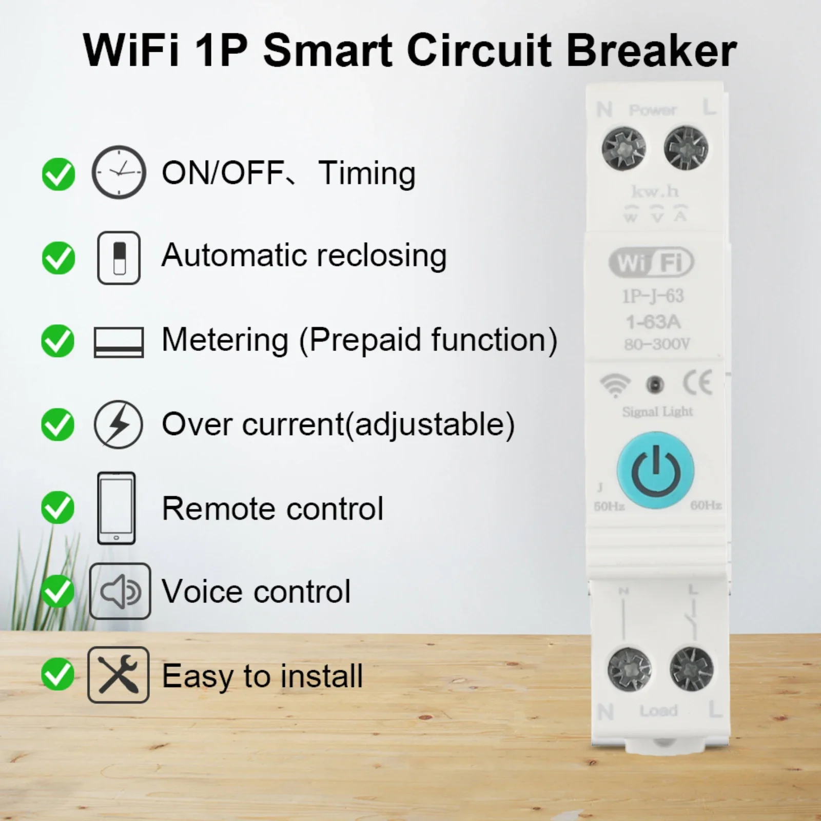 

18.3*71.4*87mm WiFi Intelligent Circuit Breaker Programming Timer Remote Control Voice Control WIFI 2.4GHz AC 90-300V