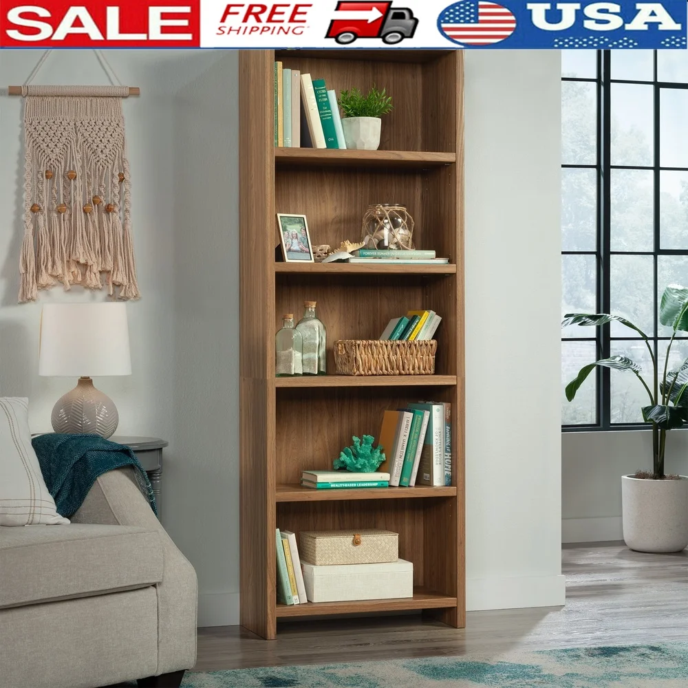 

Tall 5 Shelf Bookcase Adjustable Storage Walnut Finish Engineered Wood Display Unit Living Room Entryway Home Decor