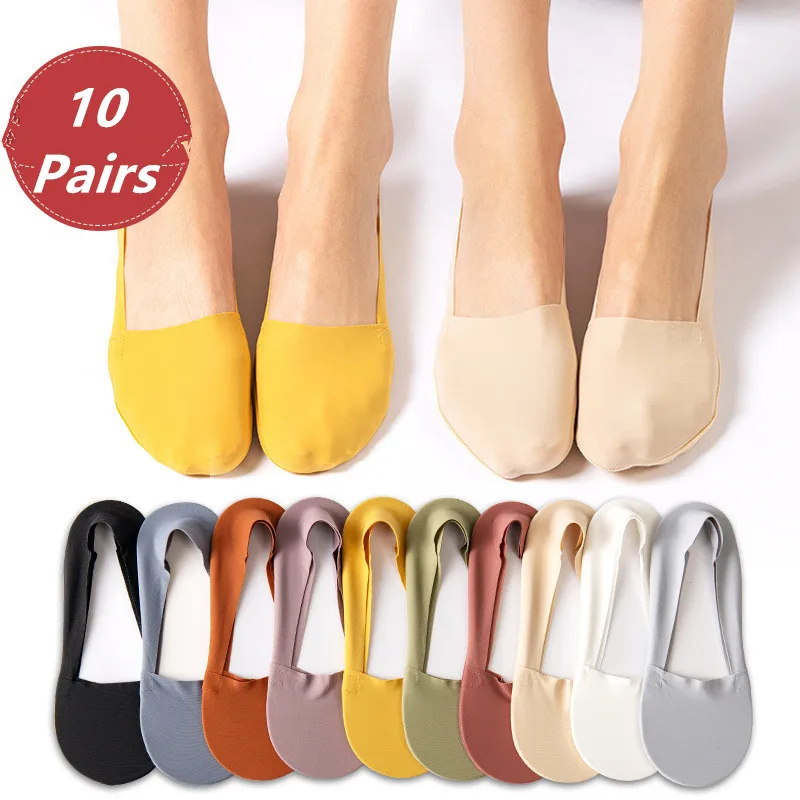 

10 пар женских носков, хлопковые дышащие летние ультратонкие носки из ледяного шелка, силиконовые нескользящие носки-лодочки, впитывающие пот