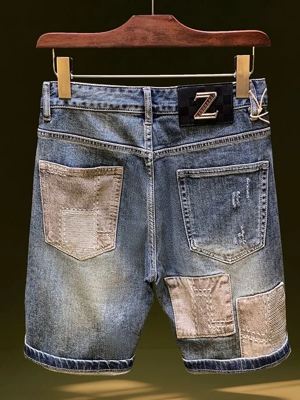 High-End Men's Summer Straight Leg Five-Quarter Jeans Patchwork Denim Shorts Repair Hole Street Style Summer Pants