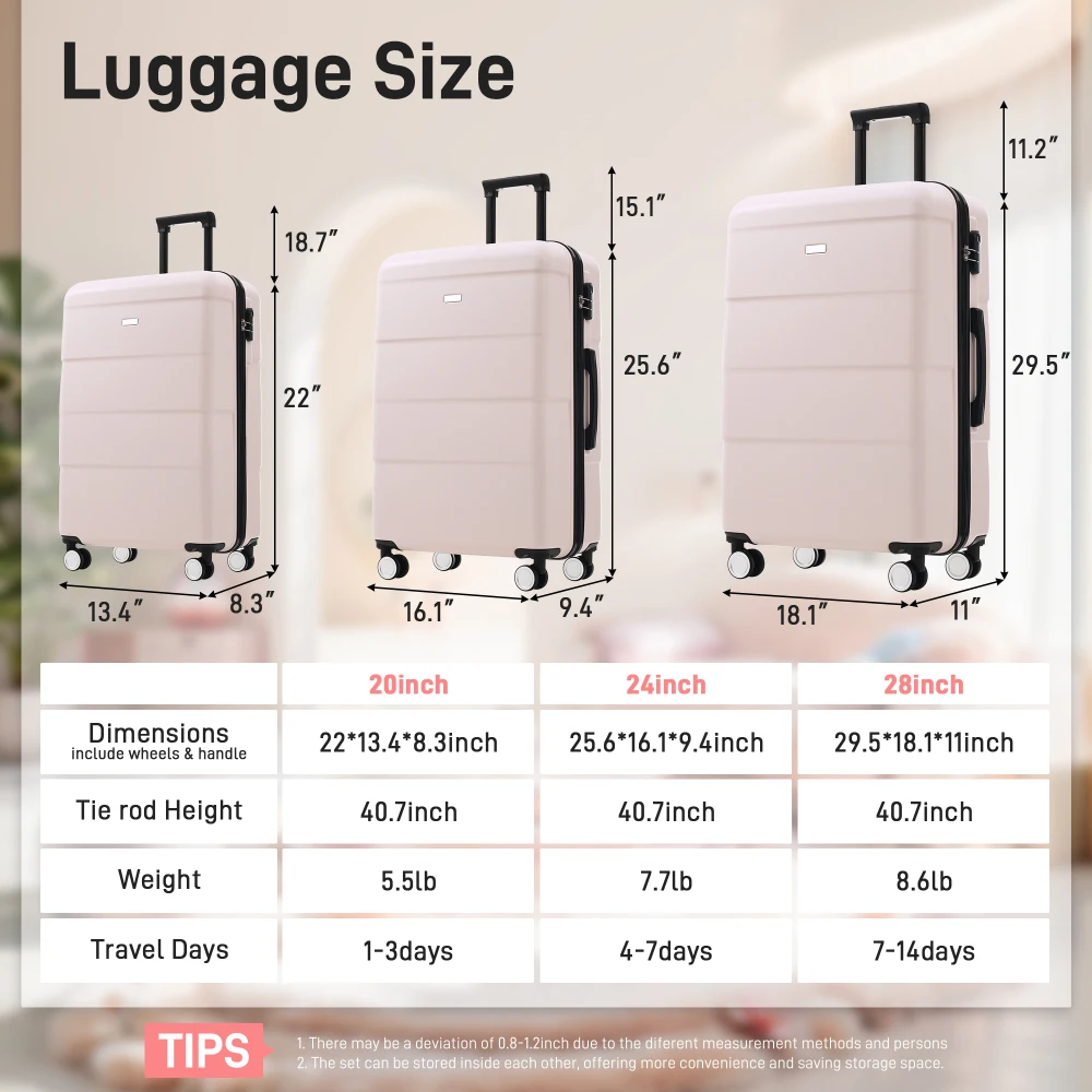 Hardshell Luggage Sets 3 Piece Double Spinner Wheels Suitcase with Handle Password Lock, Lightweight 20