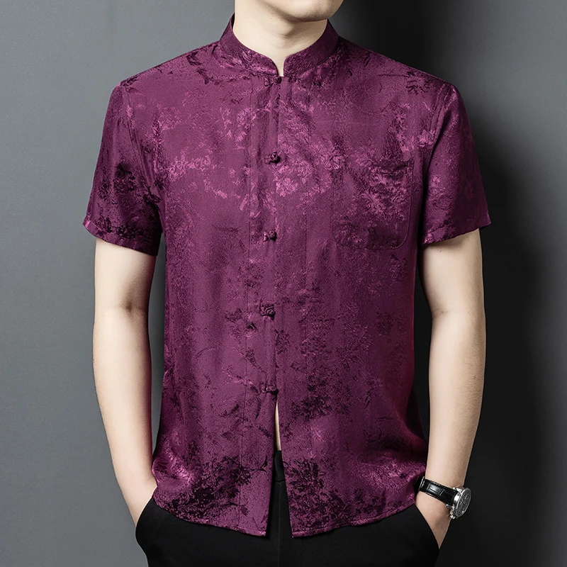 

Pocket Frog Silk Shirts For Men Short Sleeved Jacquard Coolness Summer Quality Smooth Comfortable Anti-Wrinkle Camisas De Hombre