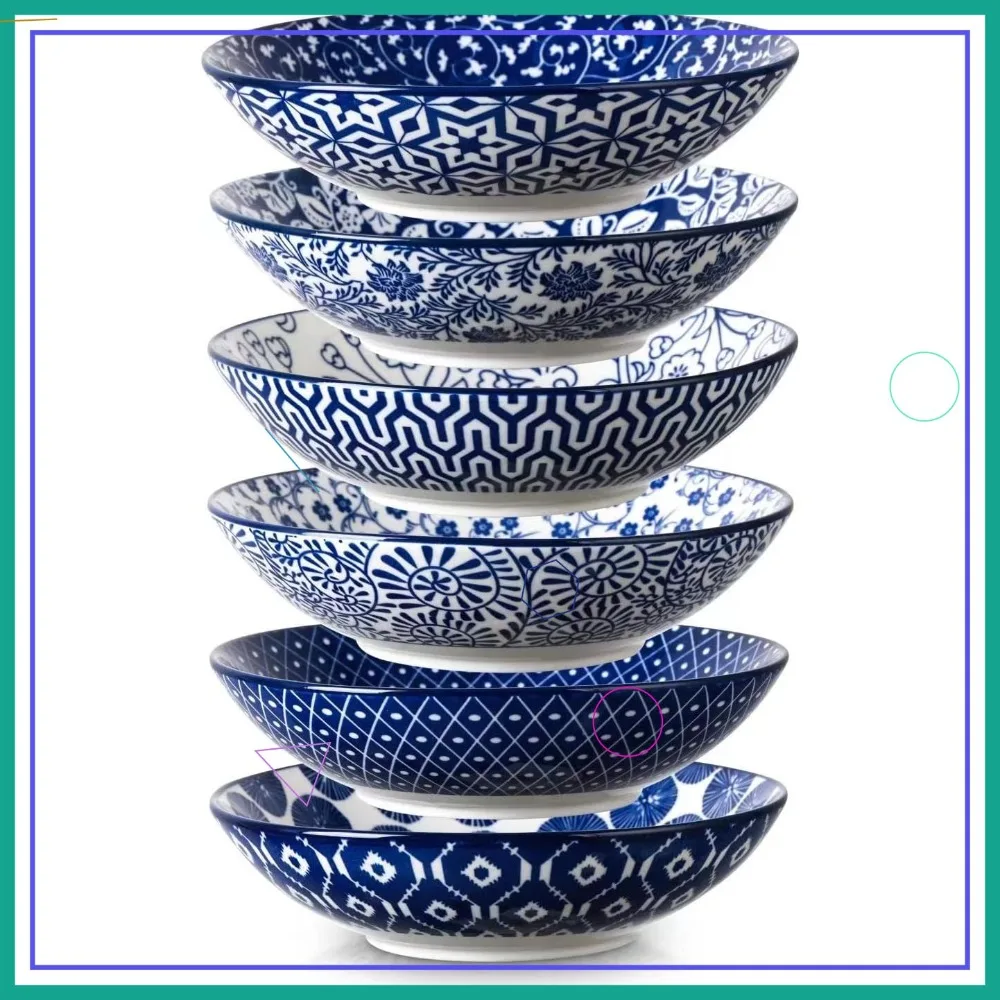 

Vintage Blue Porcelain 40oz Large Bowls, Set of 6, Microwave and Oven Safe, Ideal for Pasta and Salad