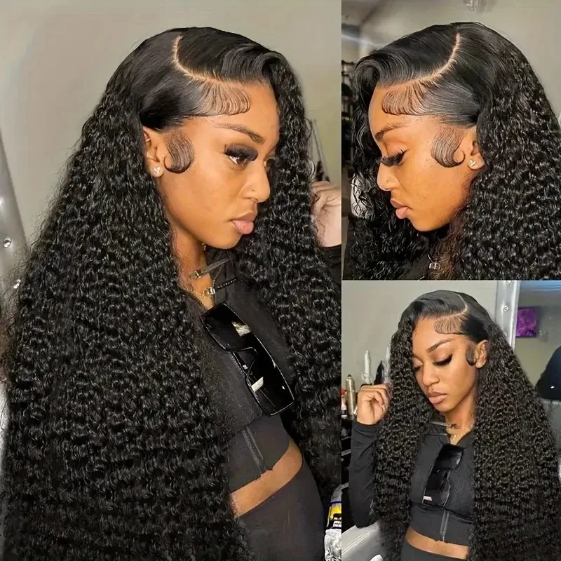 13×6 Deep Wave Human Hair Wigs Transparent Lace Frontal Wigs 1B Pre Plucked 200 Density Lace Front Human Hair Wigs