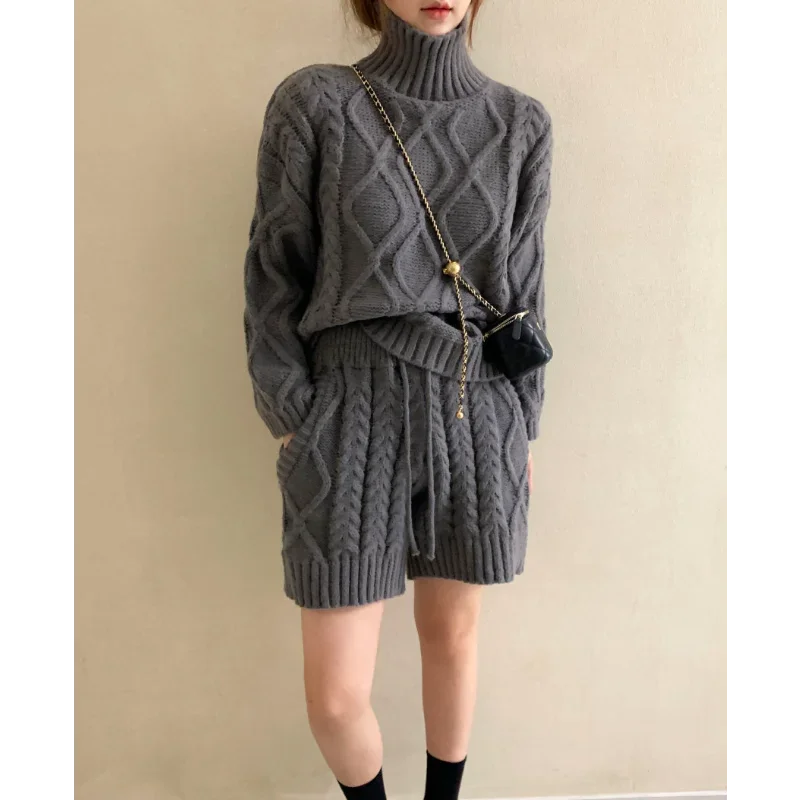 REALEFT Autumn Winter 2 Pieces Women\'s Sweater Outfits Long Sleeve Turtleneck Sweater and Knit Shorts Pants Female Suits