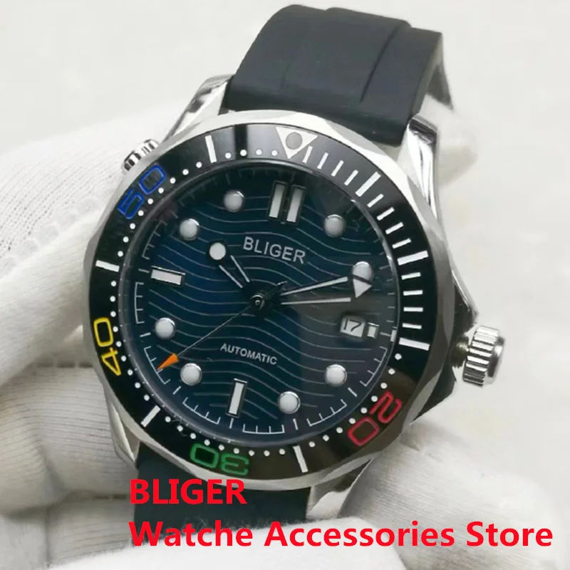 BLIGER 41mm Mechancial Men\'s WatchBlue Ceramic Bezel Blue Wave Dial Sapphire Glass NH35 MIYOTA PT5000 Movement Rubber Strap Date