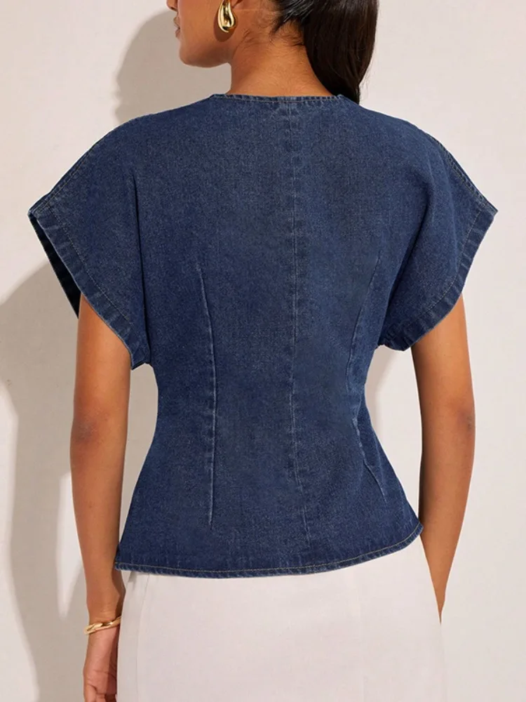 2026Women Dark Blue Denim Blouse women's clothing V Neck Short Sleeve Asymmetric Hem Single Button Wrap Peplum Casual Summer Top
