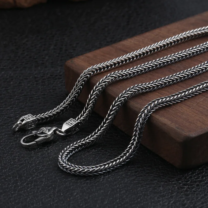 Men Women S925 Silver 4mm Thick Necklace - Retro Thai Silver Fox Tail Chain Vajra Daily Wear Jewelry