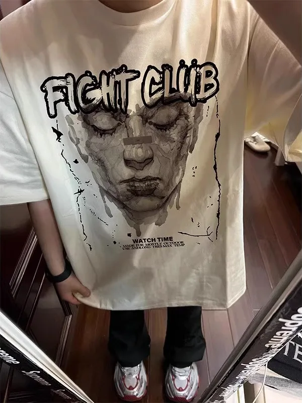 

Summer plus Size 300 Pou American Retro Portrait Print ort Sve ex Heavyweight Pure Cotton Loose Versatile Men's T...