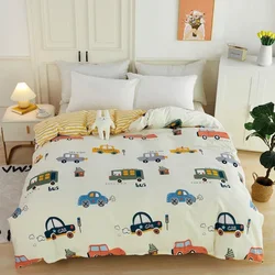 Cartoon Cars Duvet Cover Queen Size 100% Cotton Reversible Bedding for Kids Teens Boys, Car Bus Yellow Striped Comforter Cover