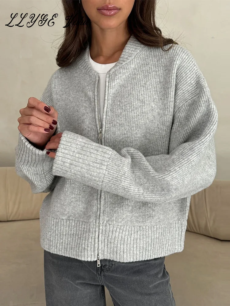 Casual Knit Solid Women Cardigan O Neck Slim Full Sleeve Zipper Lady Sweater 2024 Autumn Winter Female Solid Overcoat