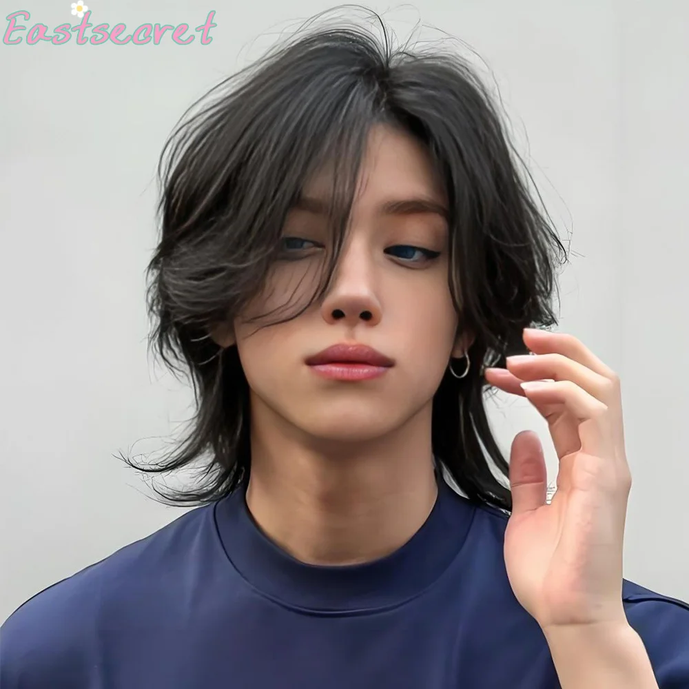 EAST Lolita Synthetic Wig Forehead Lace Wolf Tail Short Curly Hair Black Layering Daily Fluffy Wig Full Head Unisex Daily Hallo