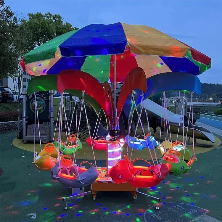 Portable Kids Amusement Park Ride Mini Electric Swing Carousel Merry Go Round Fish Theme Kids Flying Chair Rides