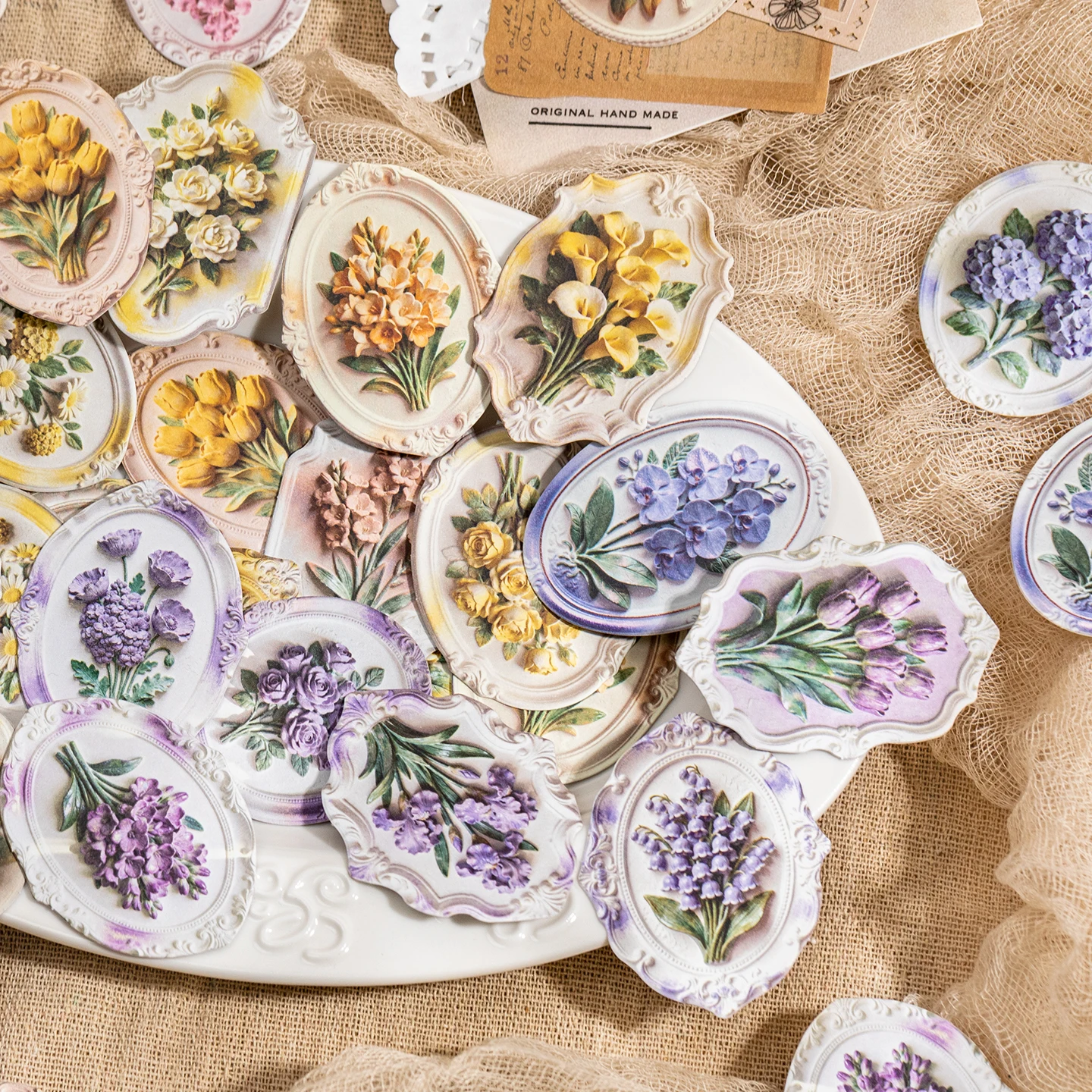 20pcs Relief flower stickers, floating stone flower letters,light retro creative handmade tent materials,DIY decoration collage