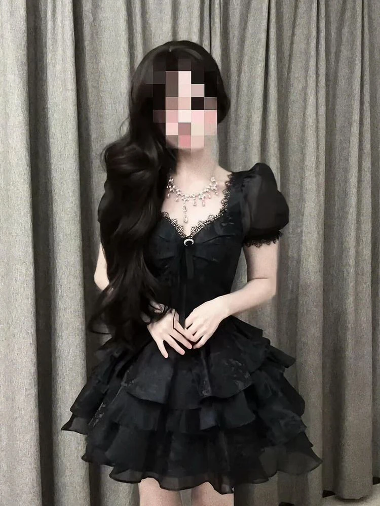 

Ретро-платье Pure Desire черное с коротким рукавом, женское, летнее 2026, с утягивающим эффектом на талии, укороченное, пышная короткая юбка, полиэстер