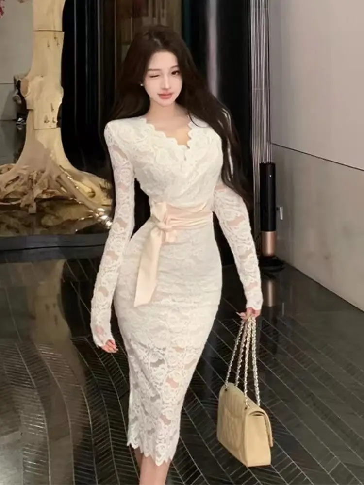 Elegantes Midikleid für Damen, Harajuku, lange Ärmel, Kleider, Indie, ästhetisches Geburtstags-Abendkleid, Herbstkleidung, figurbetontes Kleid