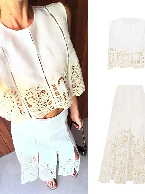 

Heavy Embroidery Hollow out Long Half Skirt Top Set New Autumn New Arrival Bloggers Style Sleeveless Women Fashion Set