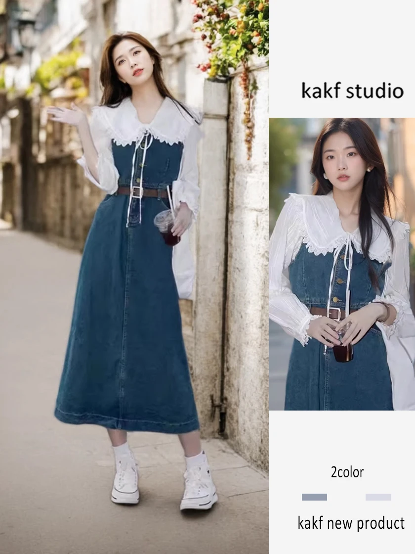 Frühjahr Weiß Irt Denim Overalls Puppe Kragen Zwei-Stück Set Koreanische Sle Alter-Defng frauen Dr Ensemble