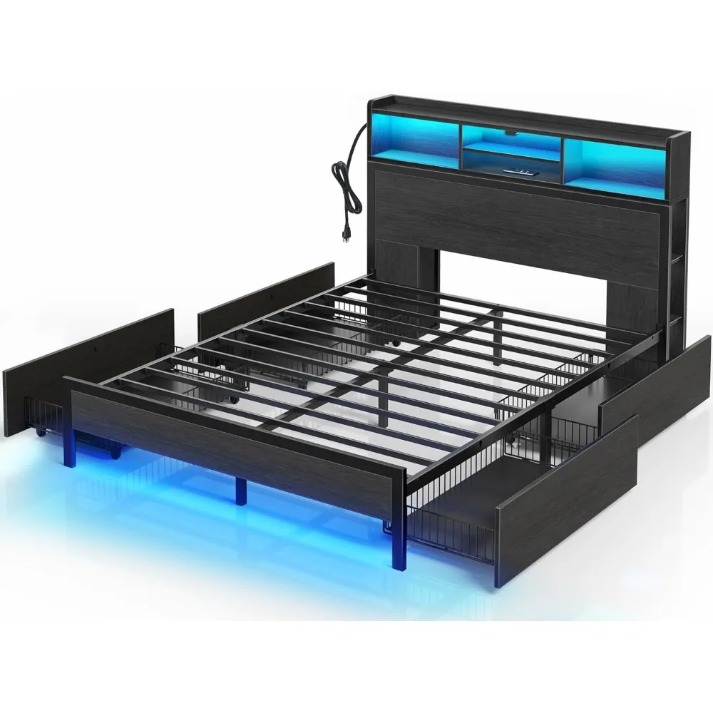 

Queen Bed Frame with Storage Headboard, Metal Platform Charging Station, LED 4 Drawers, Bookcase Storage, No Box Spring
