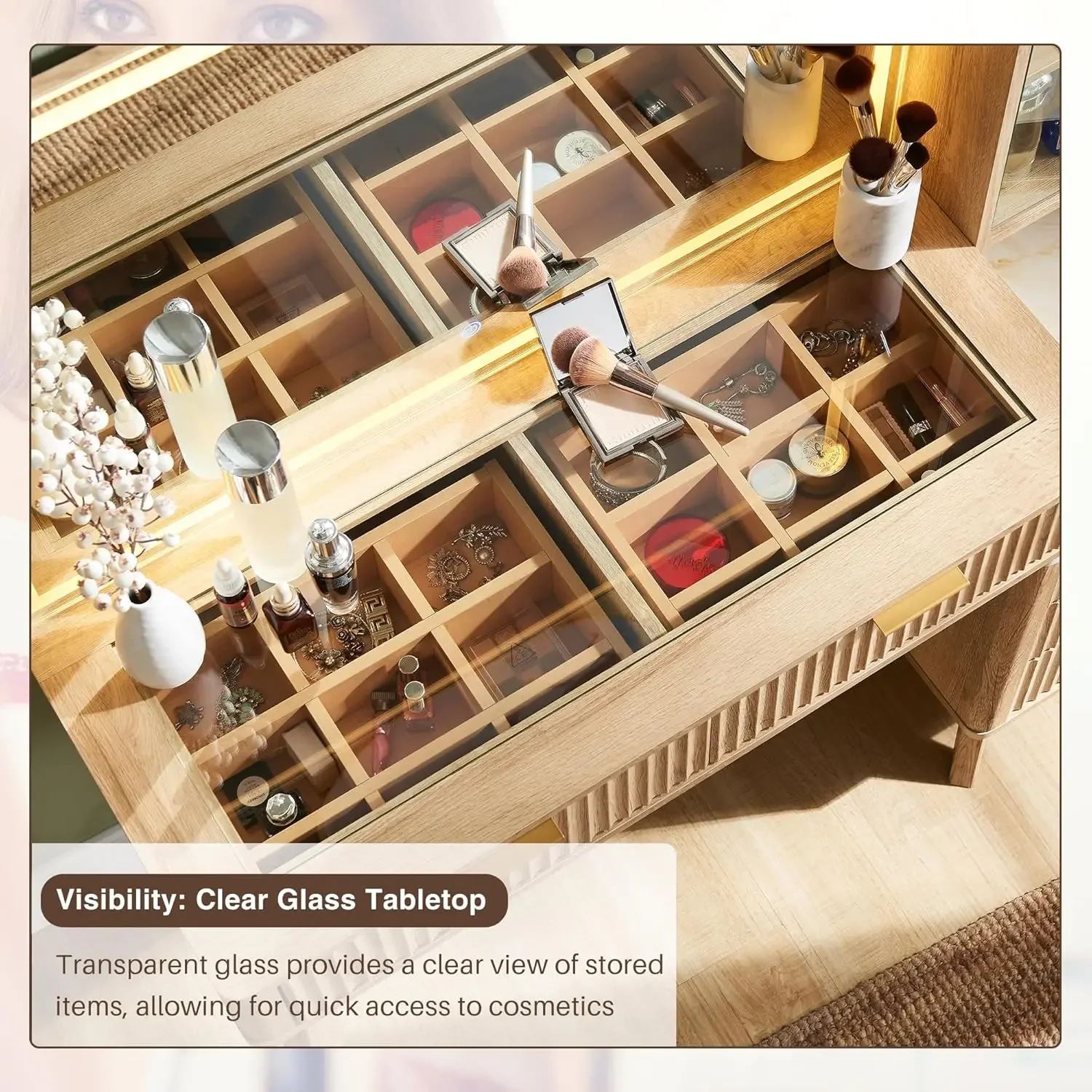 مكتب مكياج حديث مخدد مقاس 48 بوصة مع مرآة وأضواء كبيرة مقاس 36 بوصة، مع 5 أدراج وأرفف قابلة للتعديل، خشب البلوط 2025 جديد #4