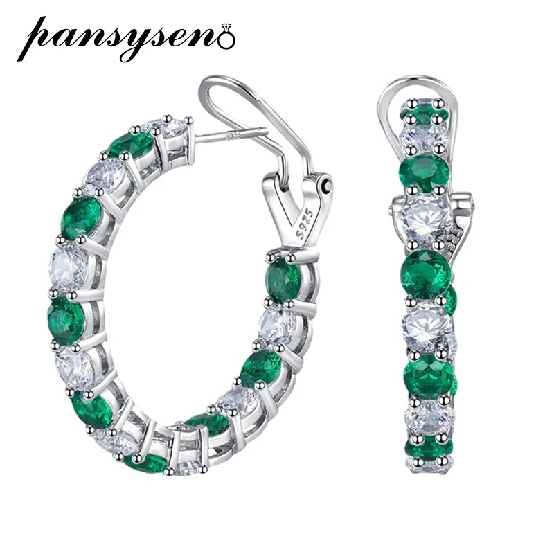 PANSYSEN Vintage 925 Sterling Silver Emerald Sapphire High Carbon Diamond Hoop Earrings for Women Wedding Party Jewelry Gifts