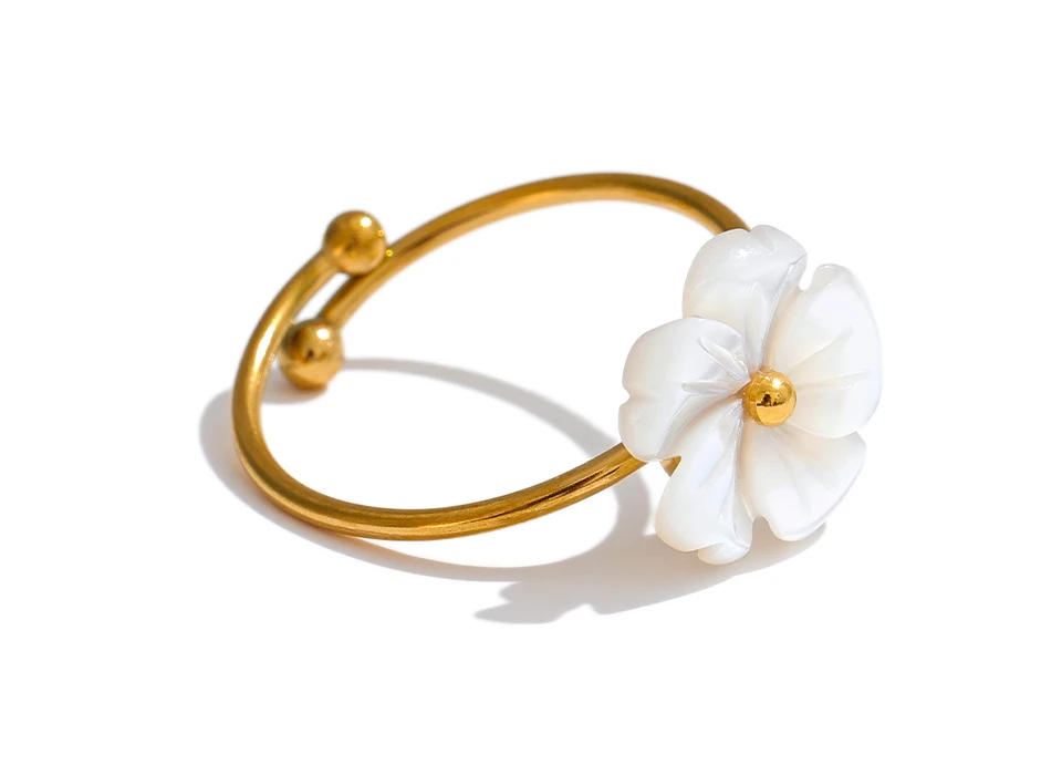 Yhpup Modischer, verstellbarer offener Ring mit natürlicher Muschelblume, süßer Edelstahl, 18 Karat PVD-beschichtet, Sommer- und Alltagsschmuck, Geschenk – Detail 4