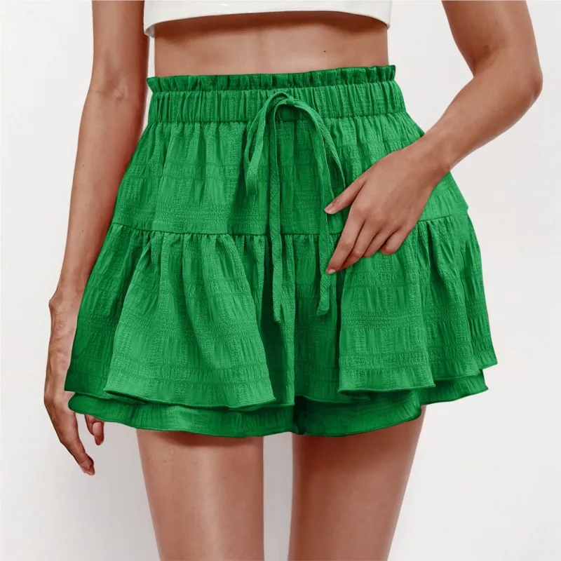 Summer Shorts For Women Fashion Ruffless Drawstring Elastic High Waist Solid Shorts Causal Vacation Beach Skirt Shorts Female