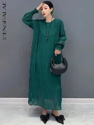 SHENGPALAE 2024 Summer New Fashion Wrinkle Loose Long Sleeve Straight Style Casual Women's Large Size Dress Long Dress