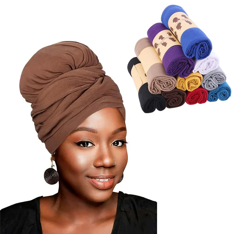 

African Women Turban Long Headscarf Solid Color Scarf Cap Muslim Hijab Jersey Scarves Headwear Headband Bandana Hair Loss Wraps