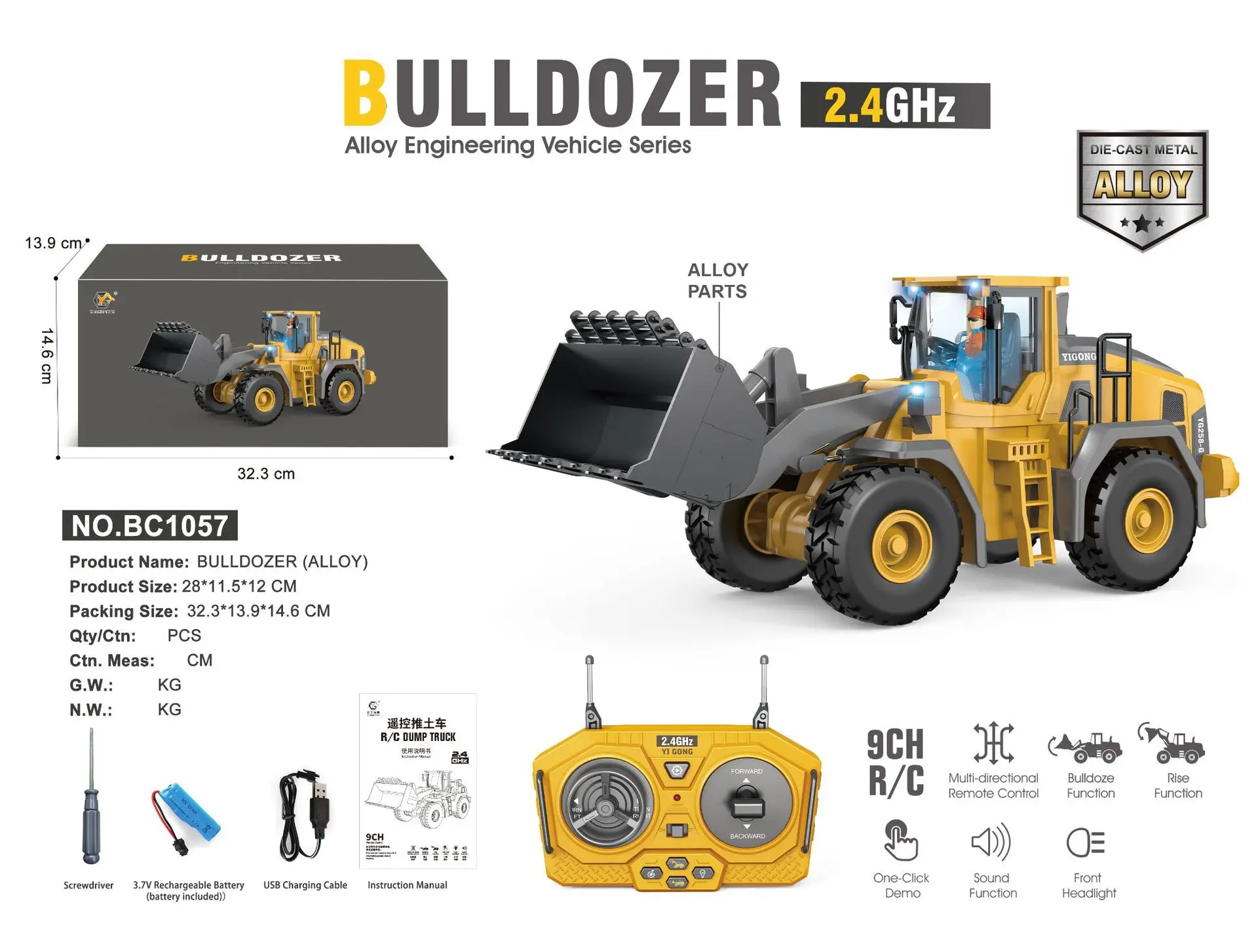 Yigong Remote Control Bulldozer 24 Ghz 9 Channel Alloy Diecast Tracked Engineering Vehicle Headlight Function For Adult Hobby
