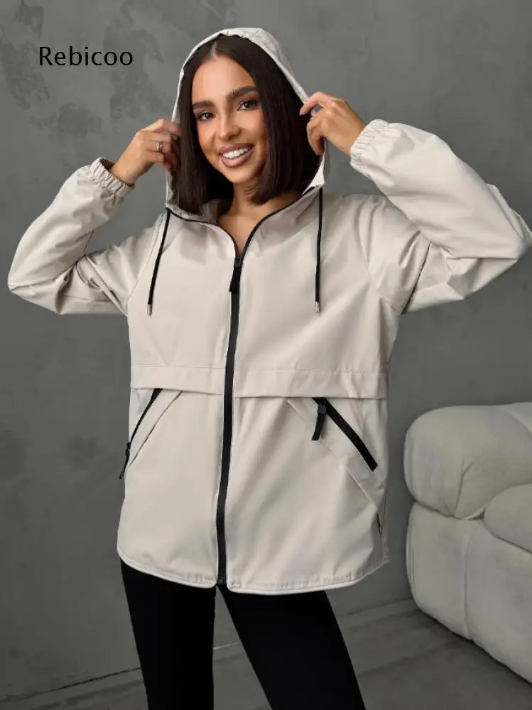 Long Sleeve Hooded Outerwear For Women Full Zip Closure Drawstring Hood Elastic Cuff Zipper Side Pockets For Travel And Commute