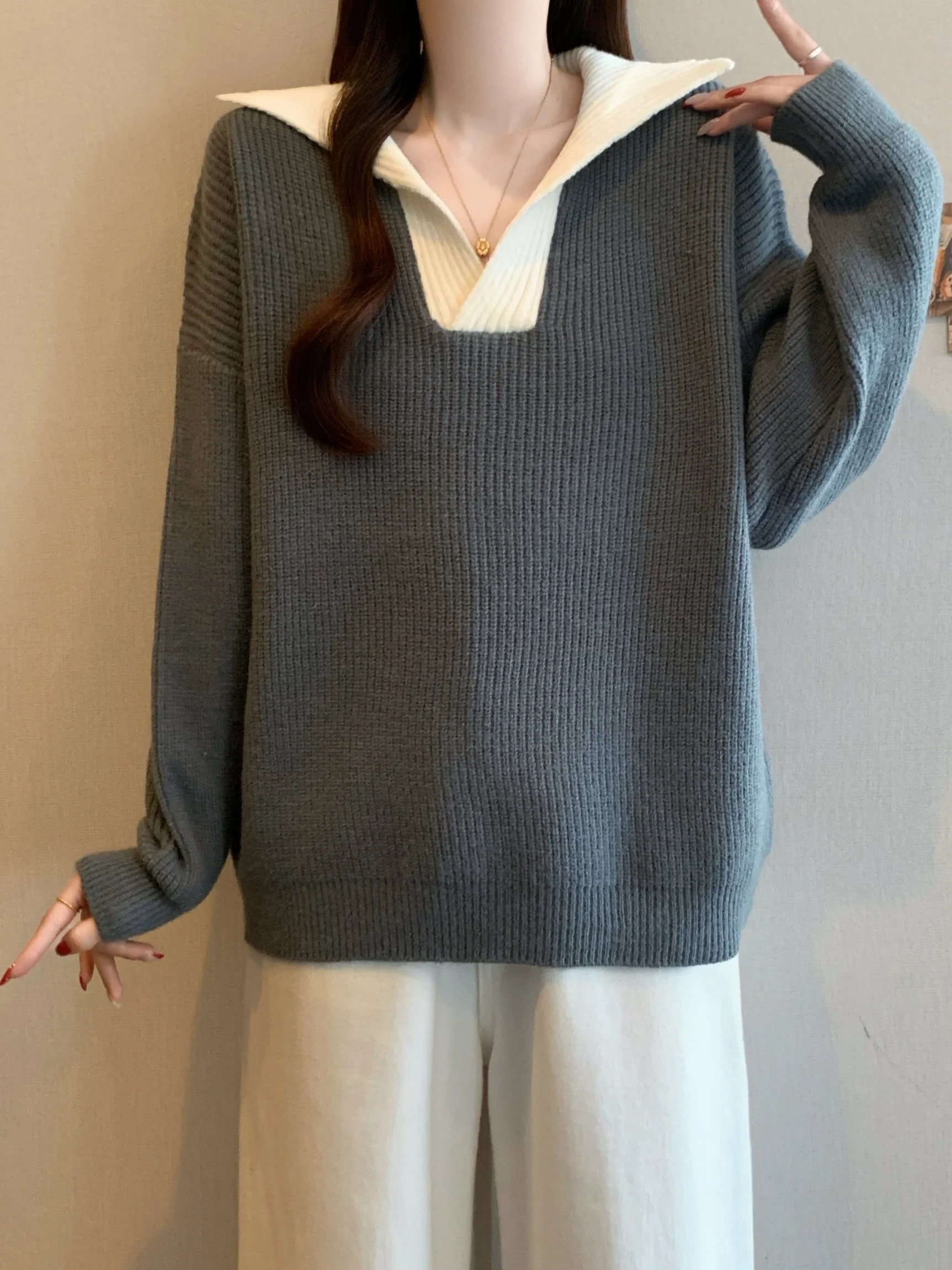 

Свободный вязаный свитер для женщин, весна 2026, большие размеры, скрывающий живот, повседневный, с длинным рукавом, отложным воротником, топ