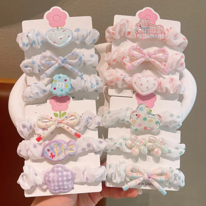 

3Pcs Hair Ties Set Sweet Flower Bow Polka Dot Non Damage High Elasticity Ponytail Holders Cute Hair Accessories for Little Girls
