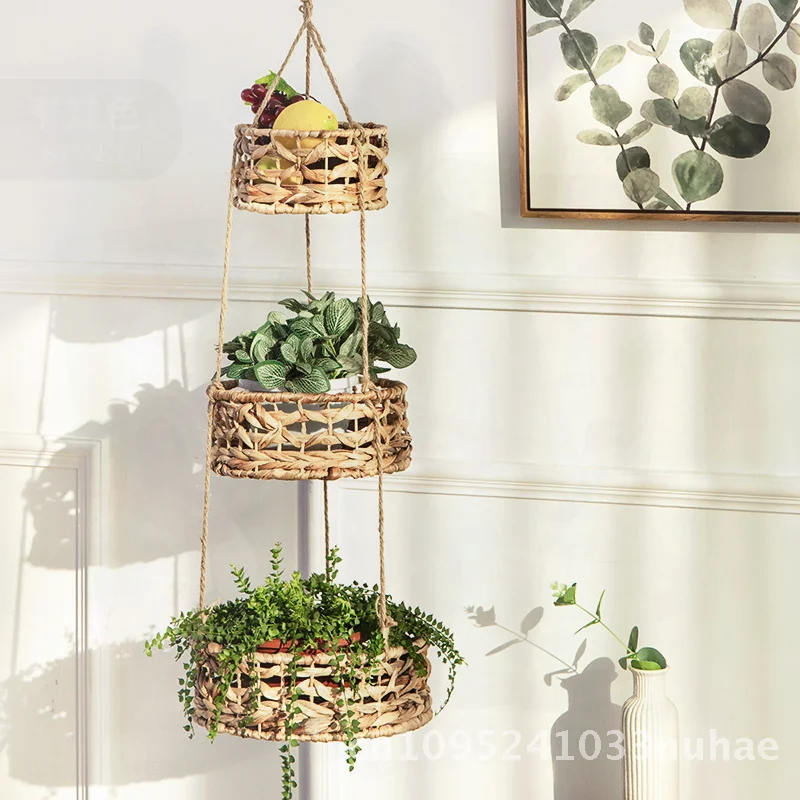 

Трехслойная соломенная подвесная корзина ручной работы, цветочный горшок, натуральный цвет, балкон, садовый декор, трава, пеньковая веревка, рамка