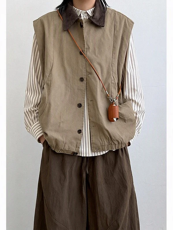 Retro Workwear Vest Men's Loose Fit Sleeveless Layering Outerwear Polyester Breathable Casual Style Pure Color Single Button